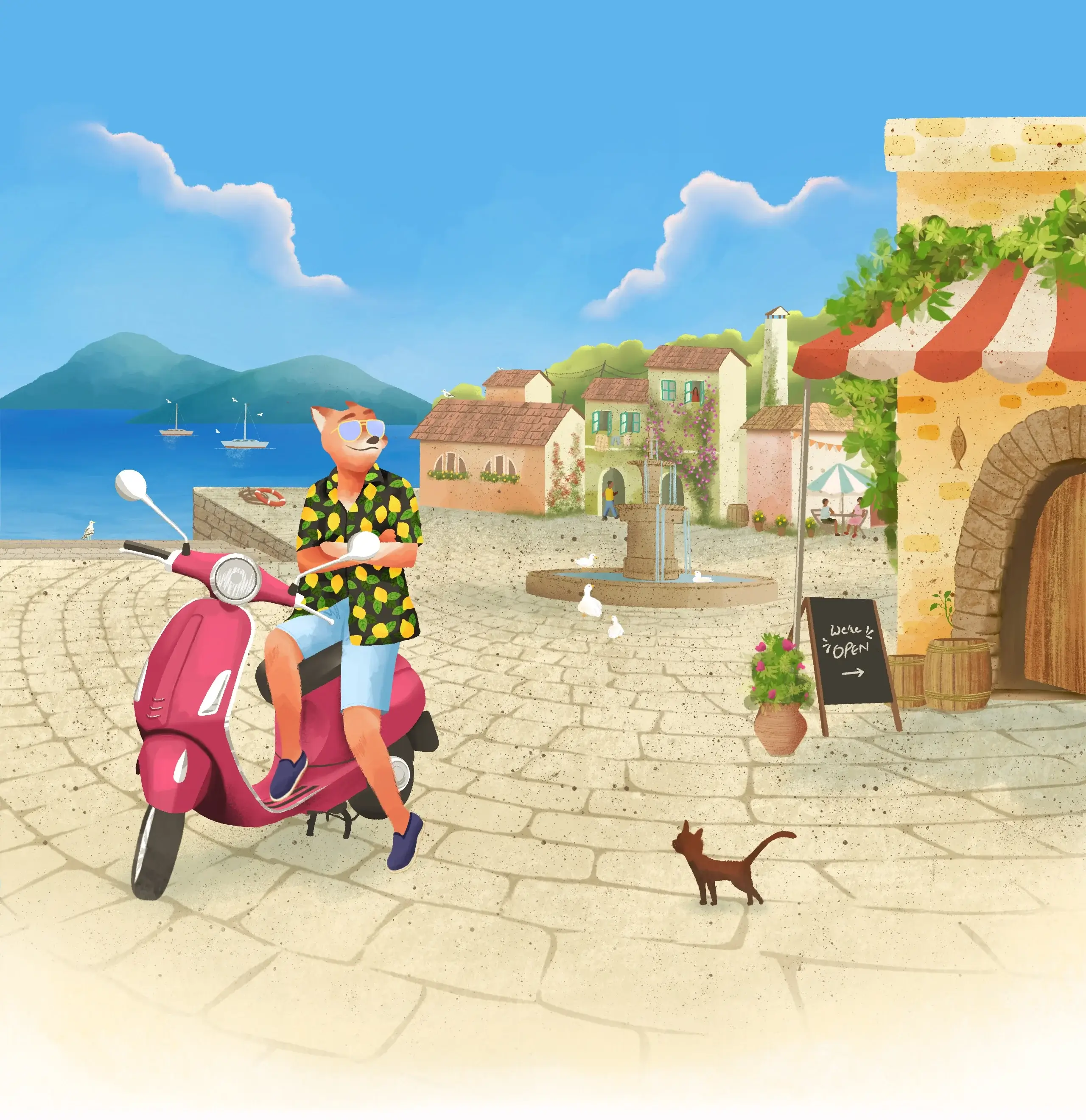 an idyllic town square with a fox sitting on vespa, a cat standing in front of it, a tavern, a fountain with ducks, couple of people at a cafe, mountains in distance, a huge sea with boats, sky with stars