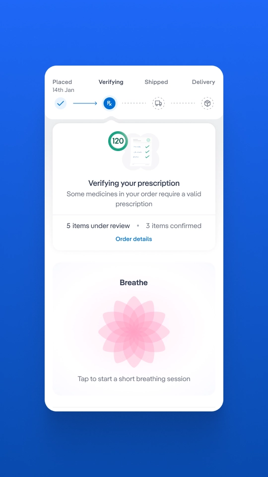 updated order confirmation screen with a breathing exercise