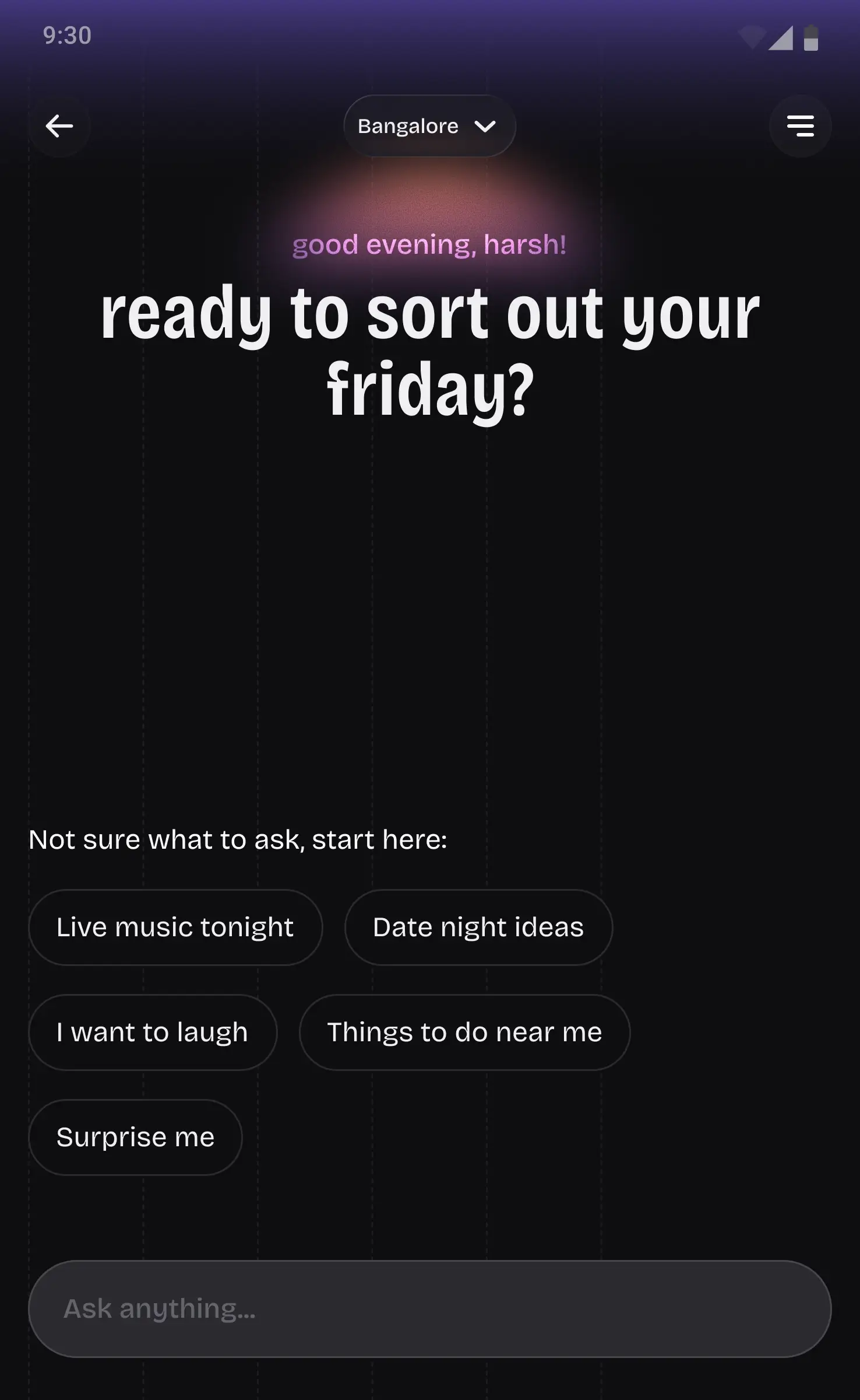 Orion events platform zero state with contextual prompt and preset chips