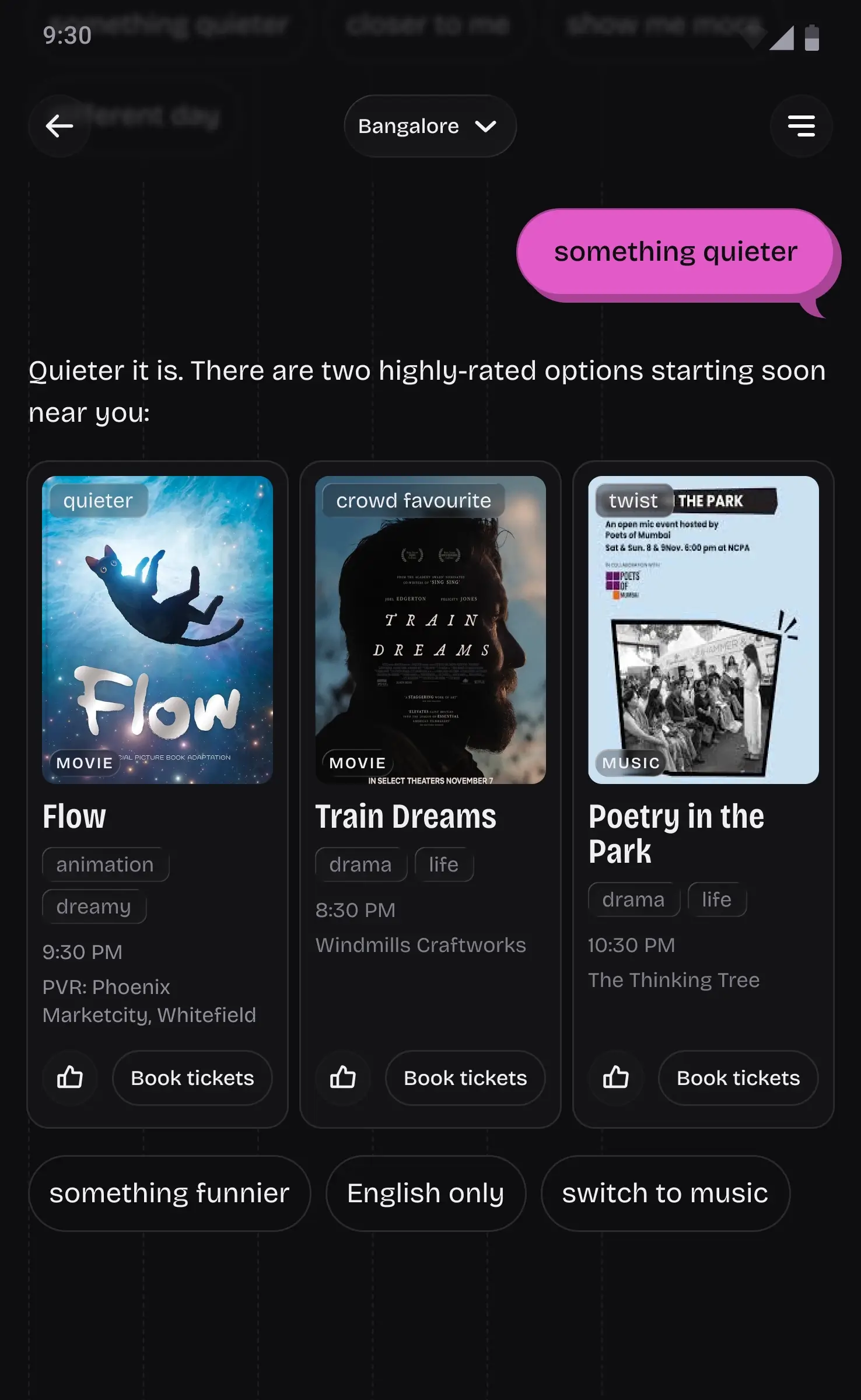 Orion critique chip pivot showing contextually generated results after something quieter selection