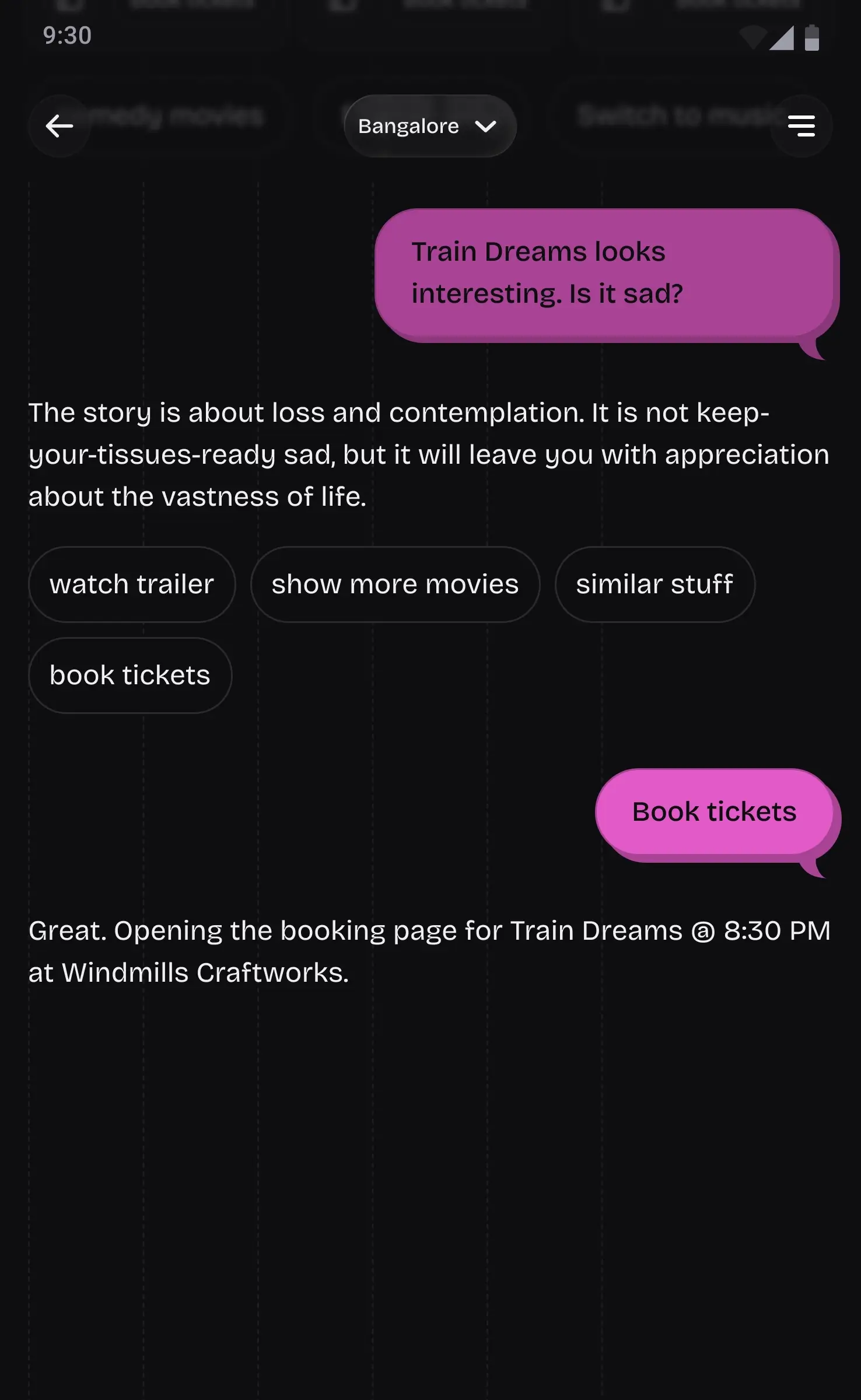 Orion natural language exchange showing Train Dreams booking confirmation