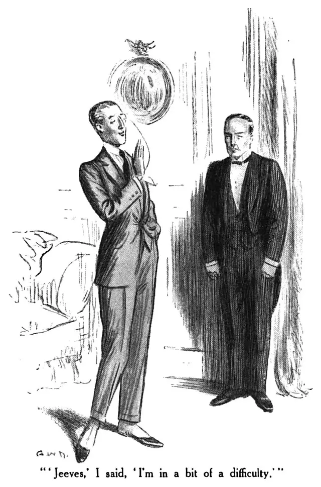 A man in a suit, hand on chin, gazes thoughtfully at a hanging mistletoe, while another man in a tuxedo stands nearby, observing. Text below reads, "'Jeeves,' I said, 'I'm in a bit of a difficulty.'"