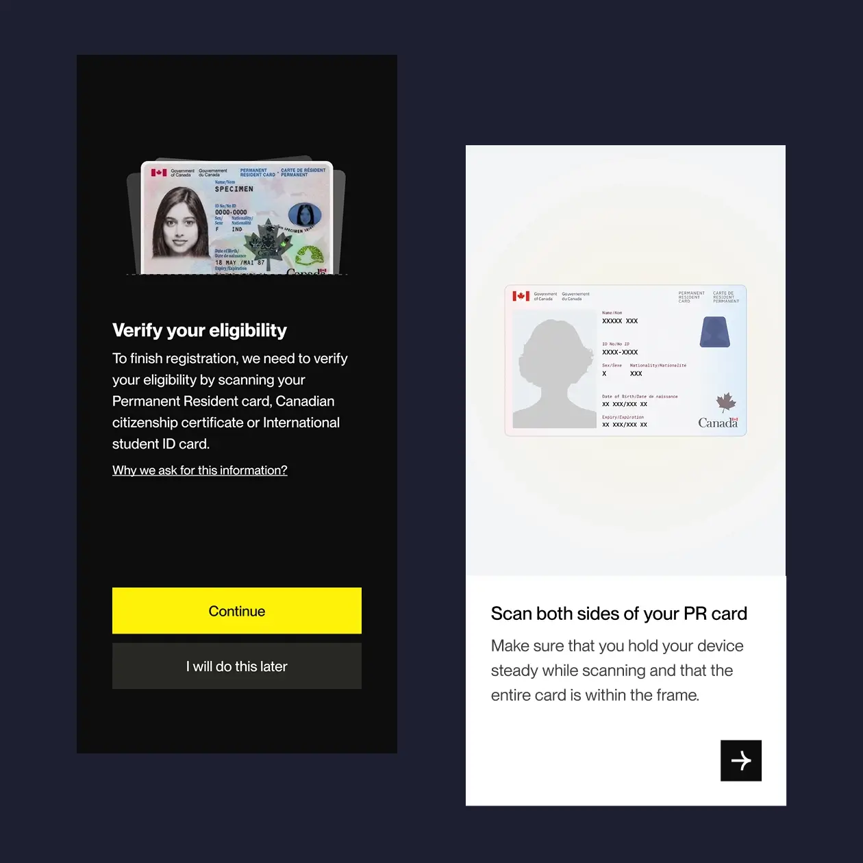 PR card scanning during registration