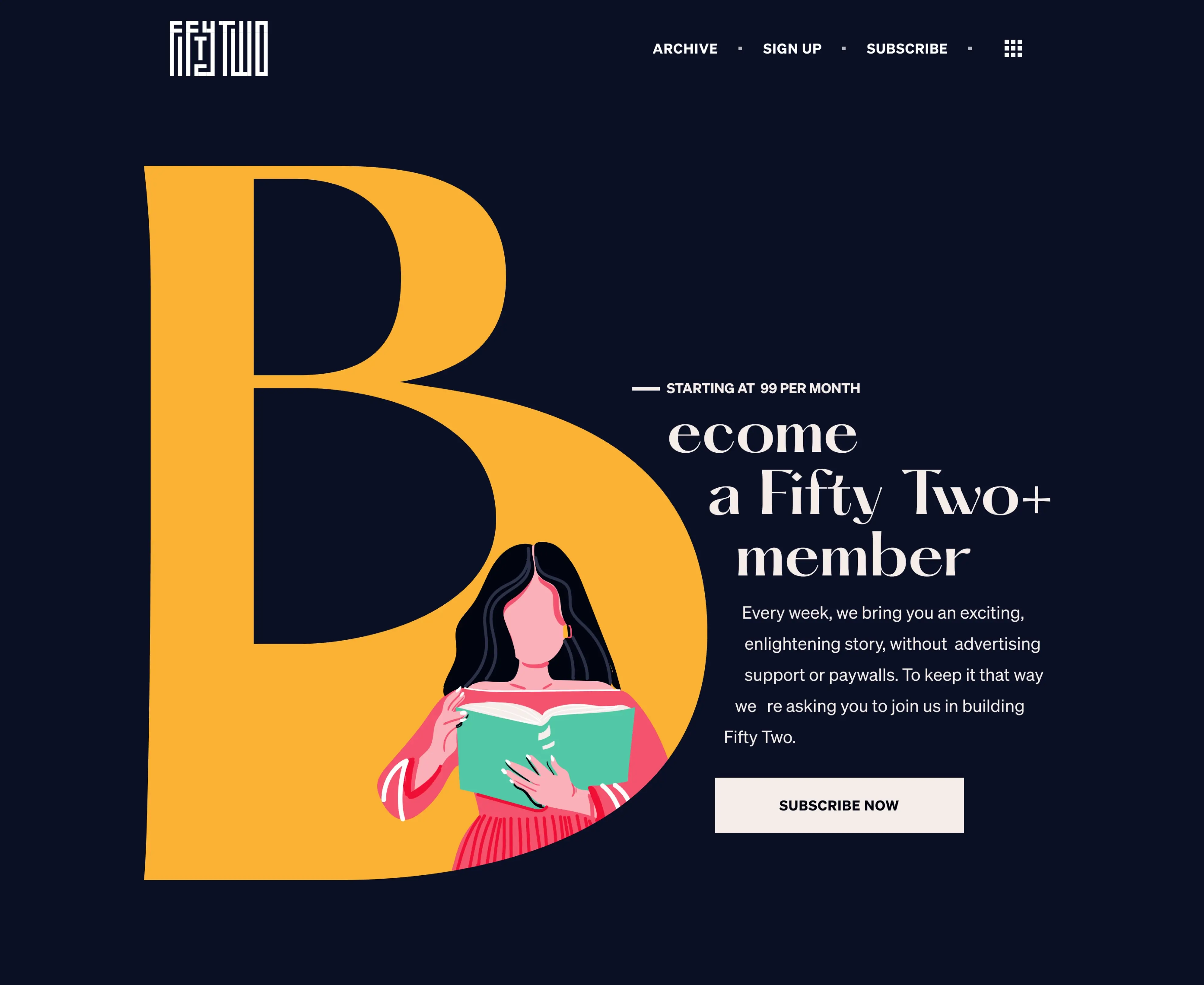 Membership landing page hero continuing large typography from About